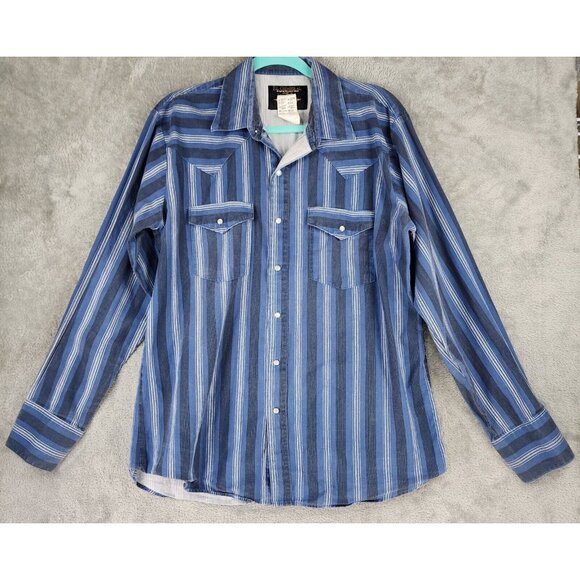 El General Other - El General Shirt Mens Large Blue Striped Western Pearl Snap Long Sleeve Vintage